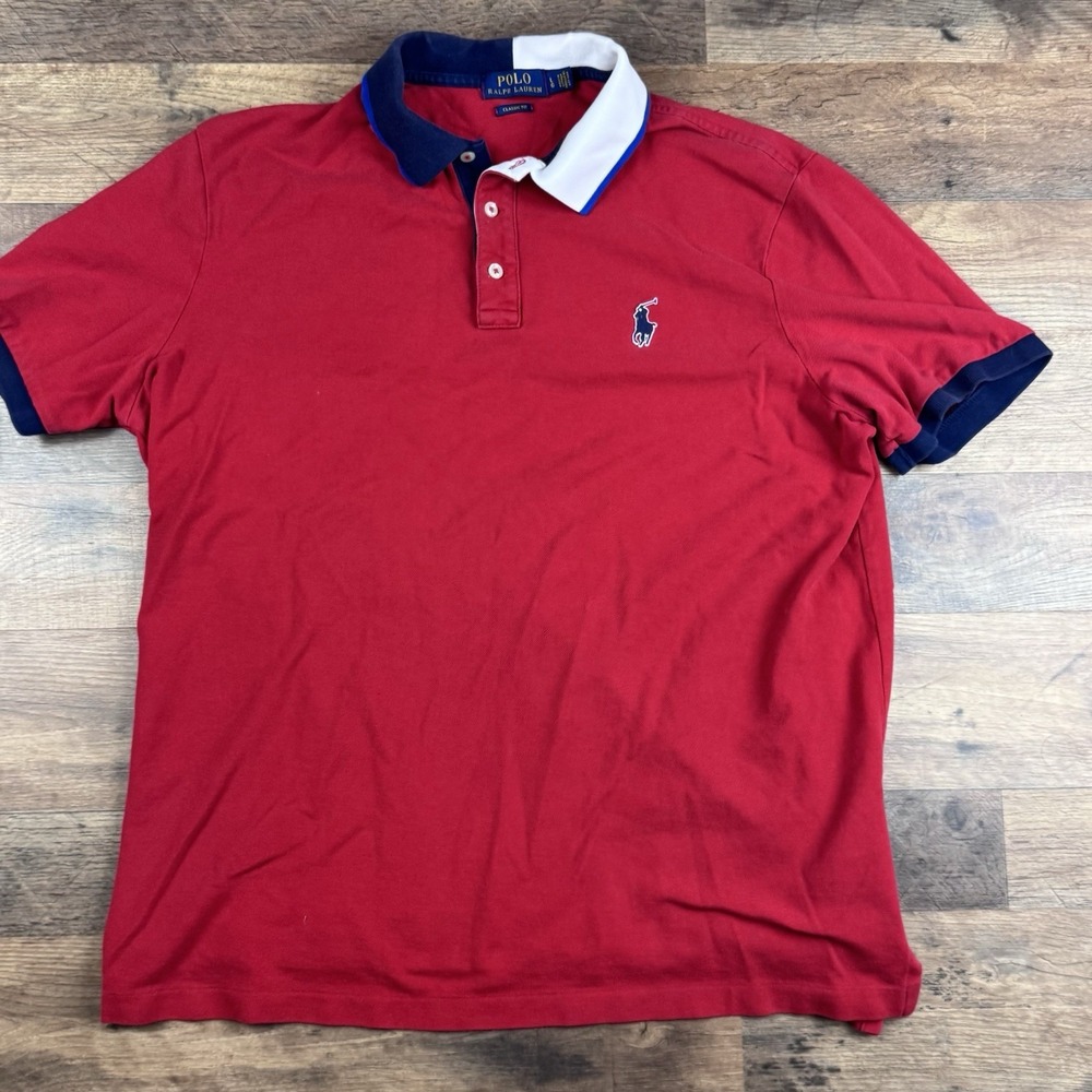 Polo Ralph Lauren Big Logo Red Polo Shirt Men's Size L Color block Collar - Picture 2 of 10